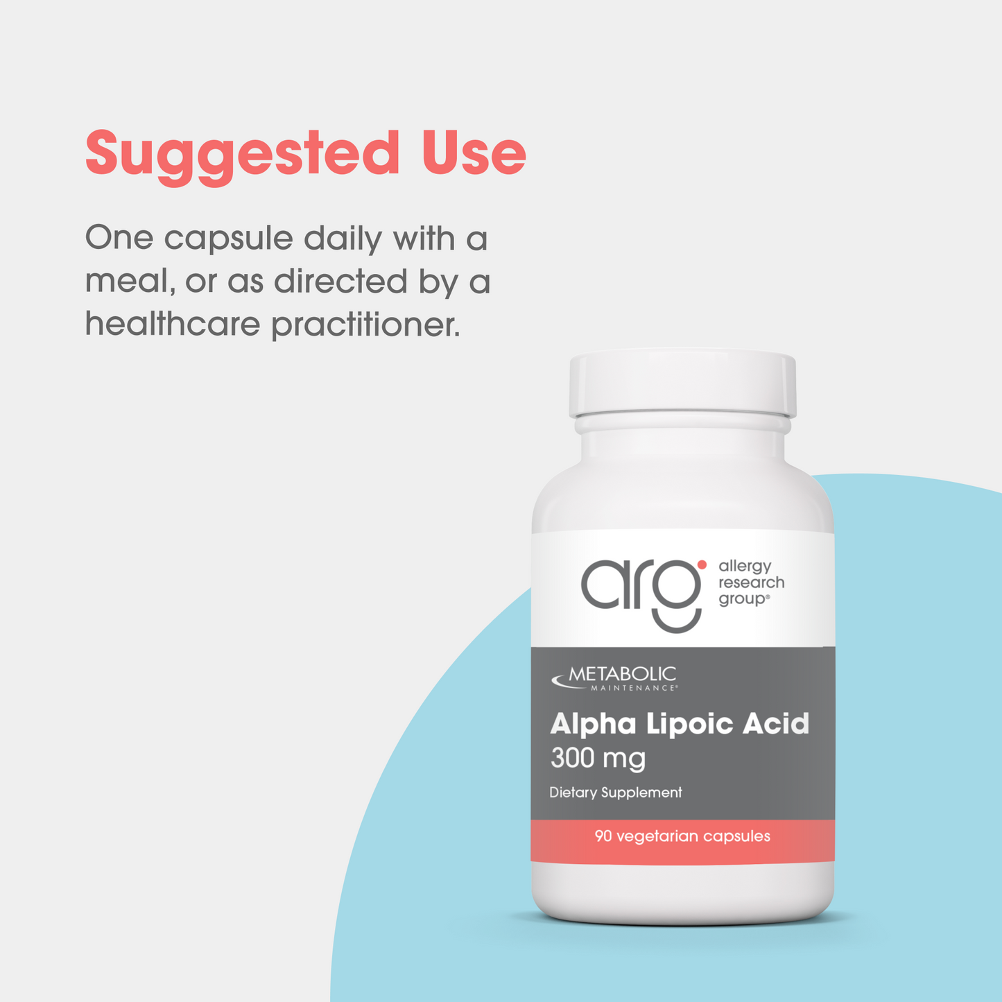 Metabolic Maintenance Alpha Lipoic Acid 300 mg dietary supplement bottle with a blue curved backdrop