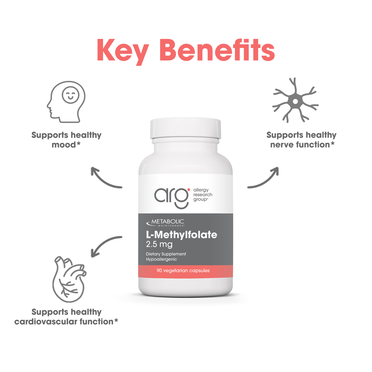 Suggested Use panel with instructions beside a Metabolic Maintenance L-Methylfolate bottle on a light background with a blue curved accent.