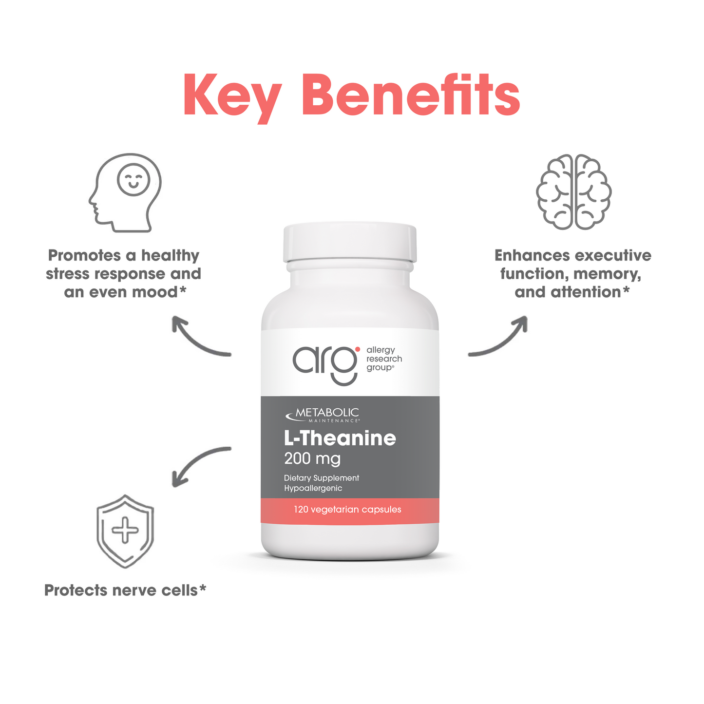 Suggested Use section beside a bottle of L-Theanine 200 mg dietary supplement on a light background with a curved blue shape