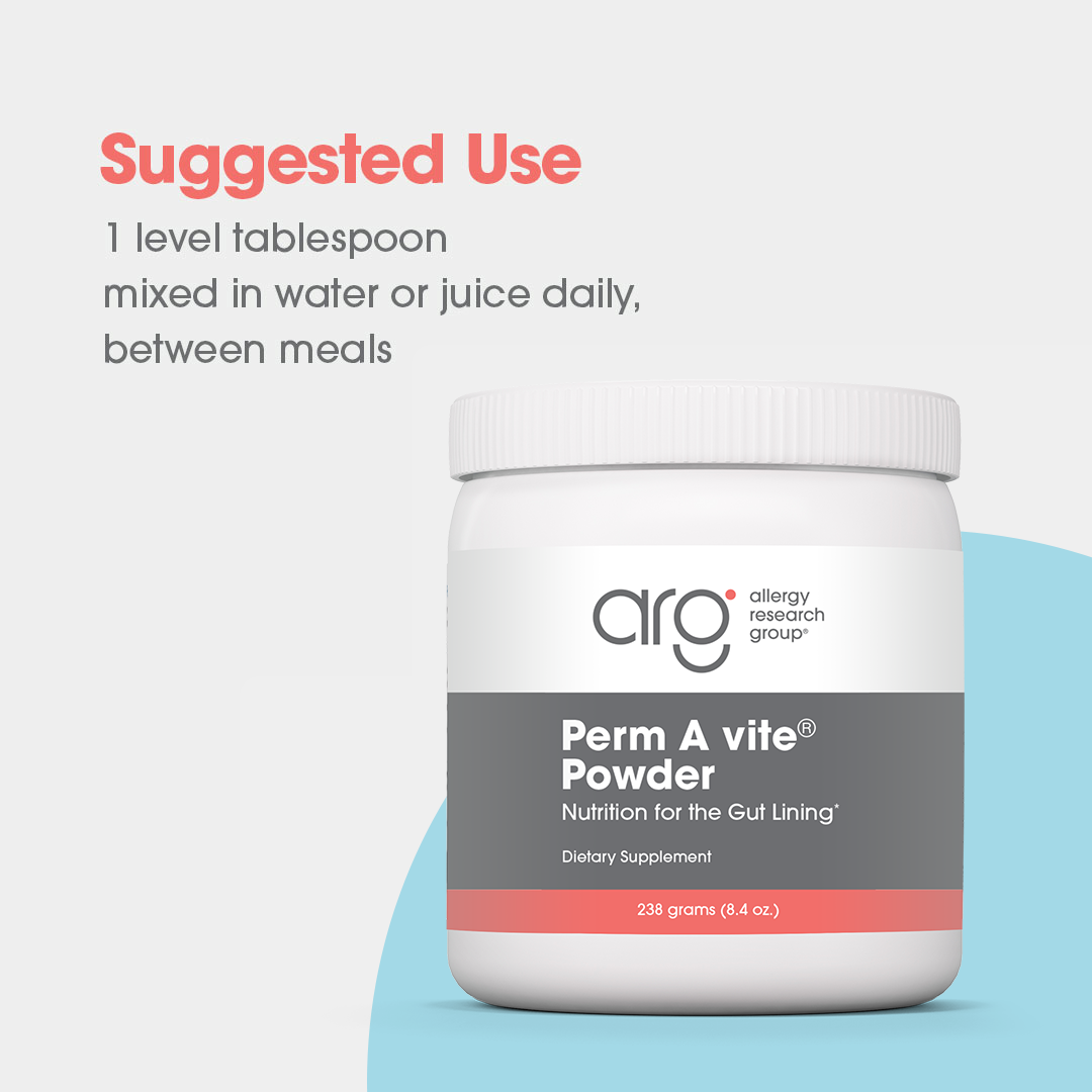 Suggested use graphic for Perm A vite Powder showing 1 tablespoon daily mixed in water or juice beside the powder jar