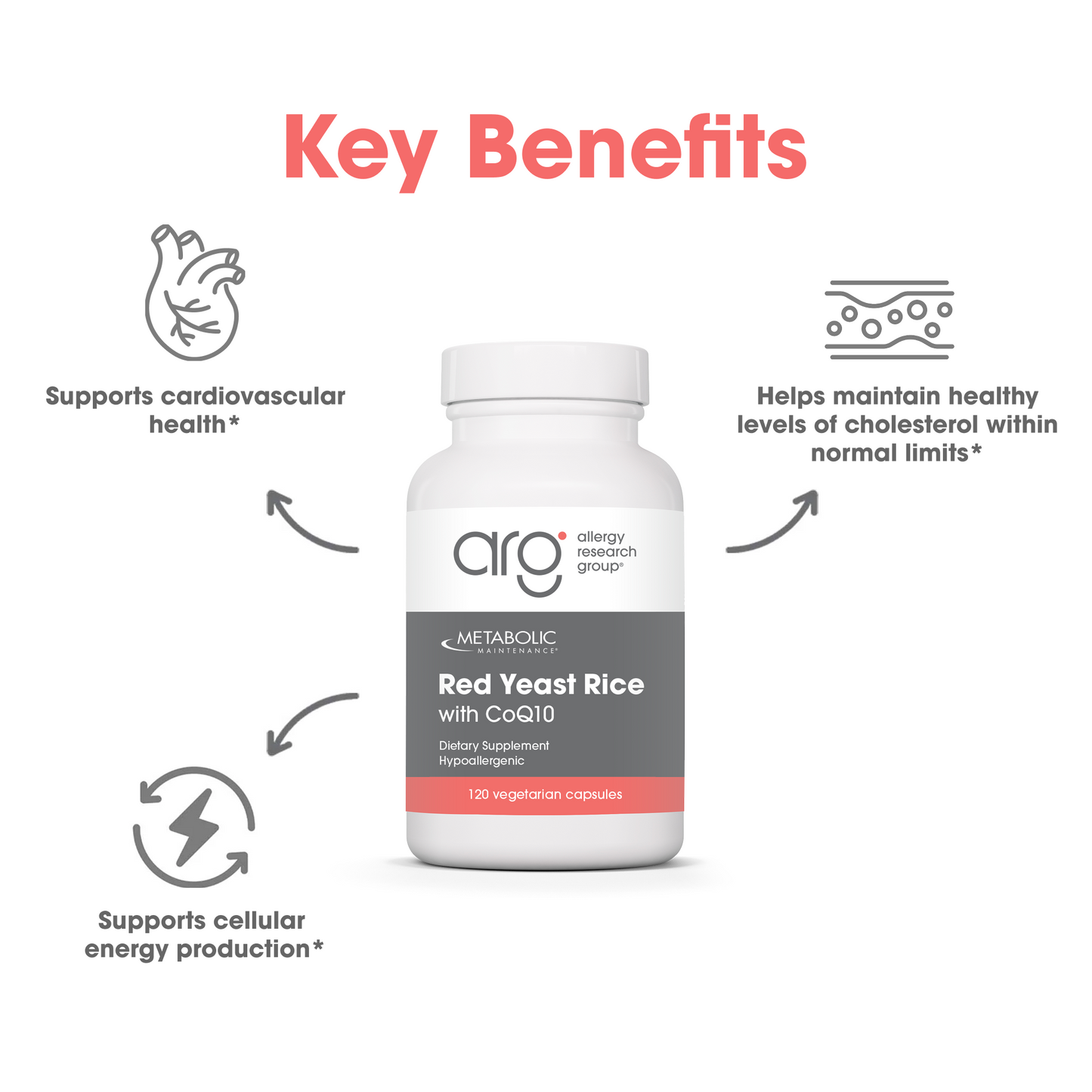 Red Yeast Rice with CoQ10 suggested use graphic instructing two capsules daily with the largest meal or as directed