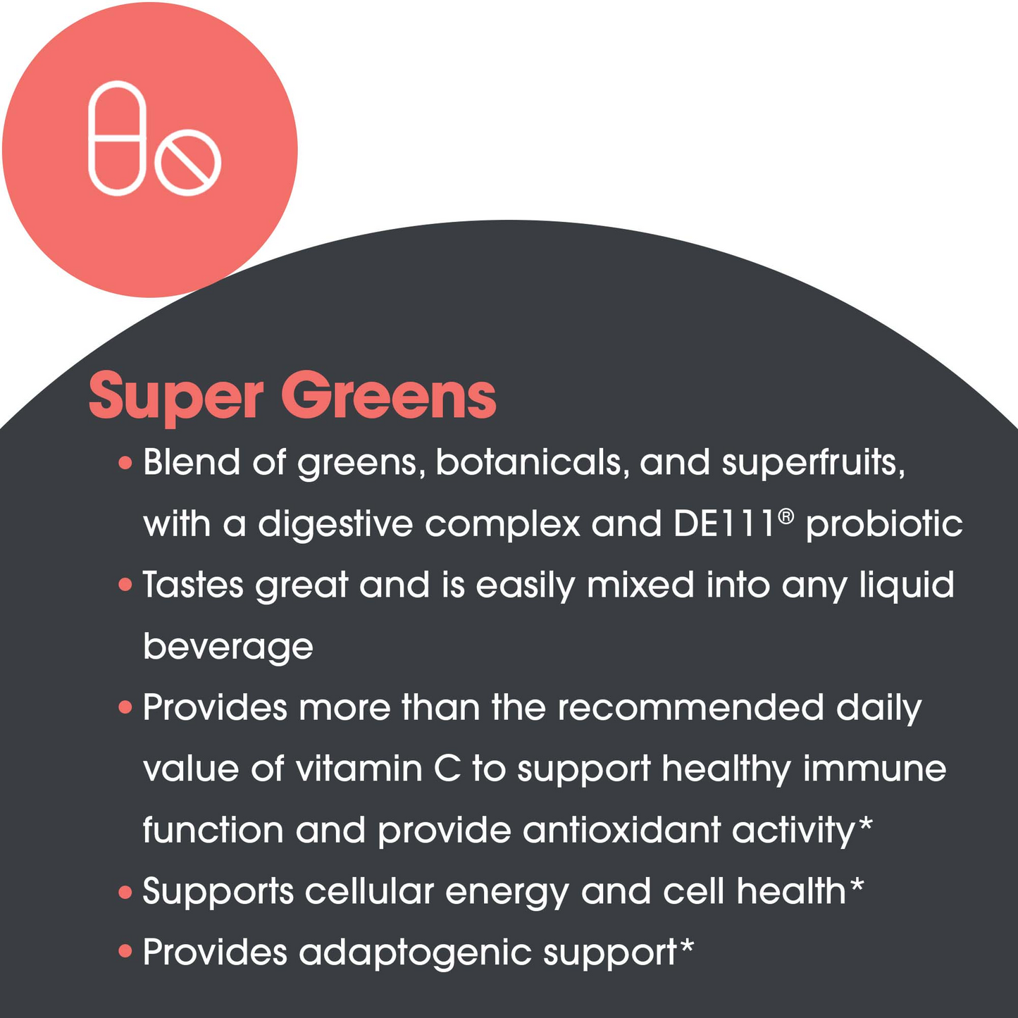 Suggested use panel for Super Greens Powder showing one scoop daily mixed with water or juice