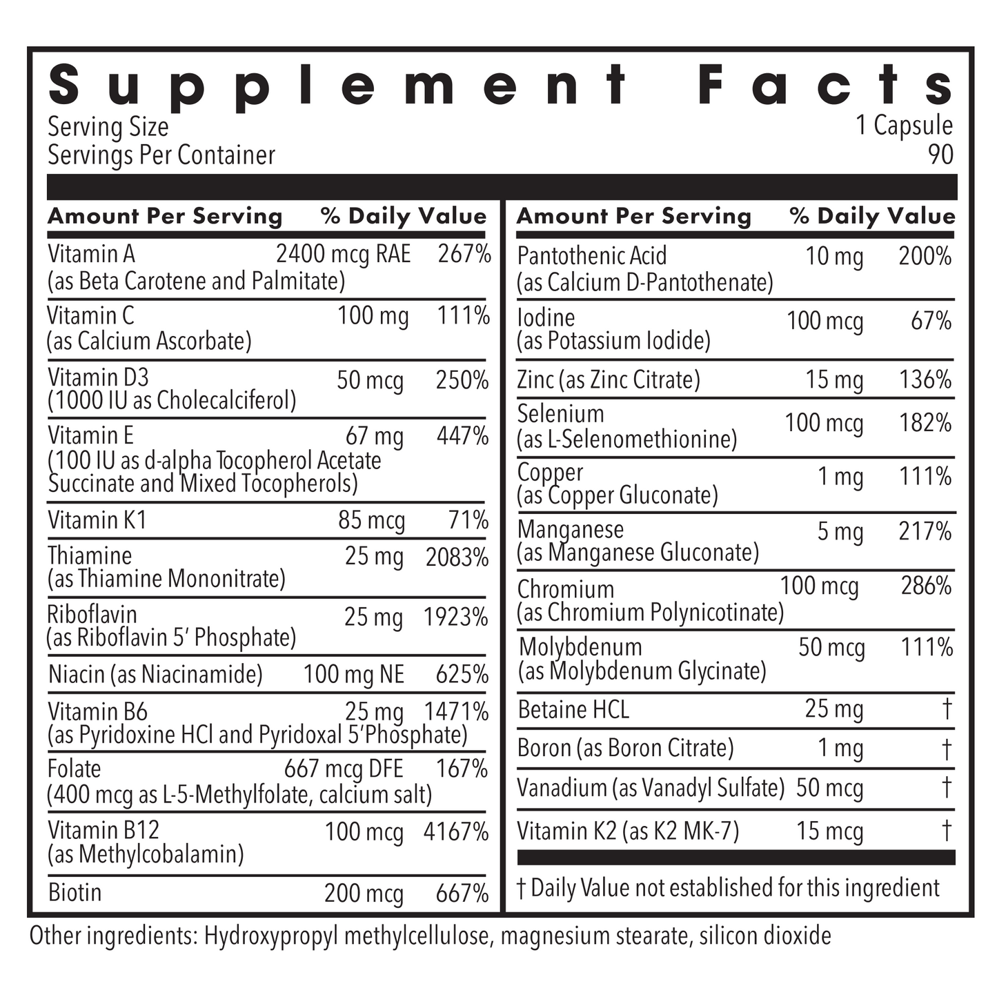 Back label with supplement facts for Metabolic Maintenance The Big One Plus without Iron multivitamin