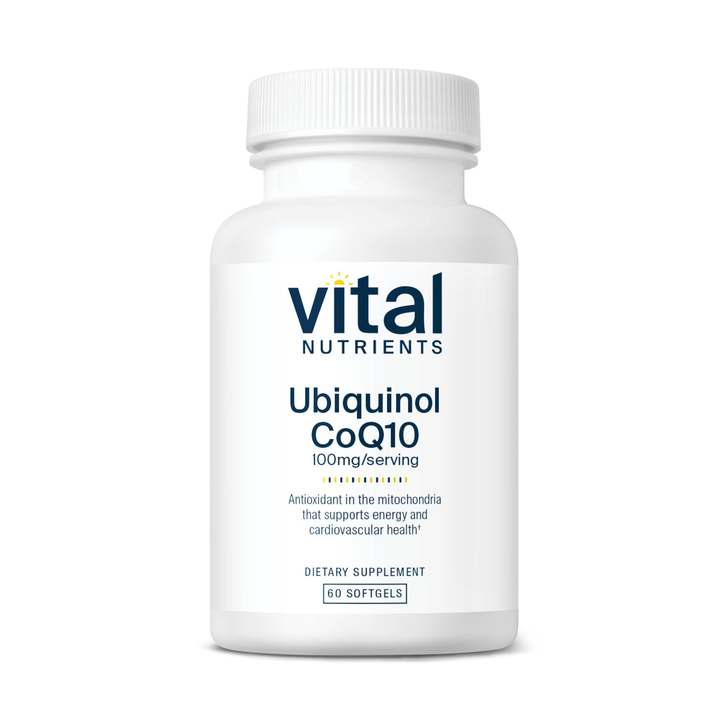 Vital Nutrients Ubiquinol CoQ10 100mg/serving dietary supplement.
