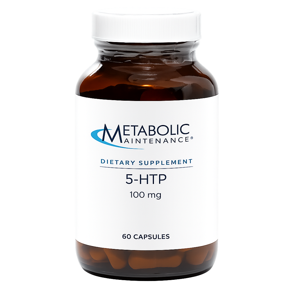 Metabolic Maintenance 5-HTP 100 mg bottle with 120 vegetarian capsules and New Look Trusted Formula badge.