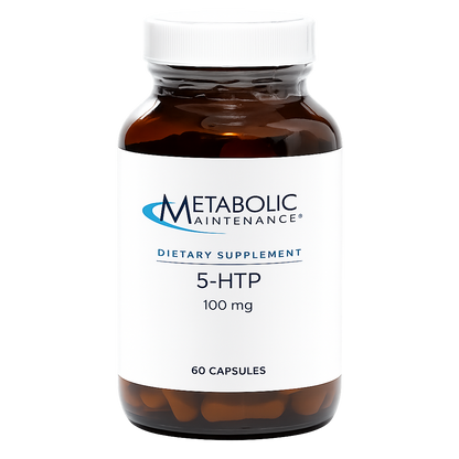 Metabolic Maintenance 5-HTP 100 mg bottle with 120 vegetarian capsules and New Look Trusted Formula badge.