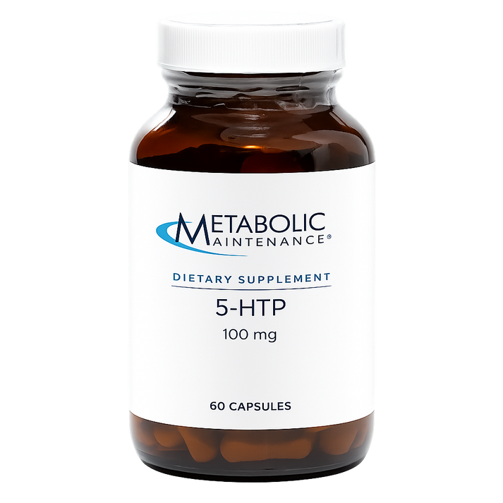 Metabolic Maintenance 5-HTP 100 mg bottle with 120 vegetarian capsules and New Look Trusted Formula badge.