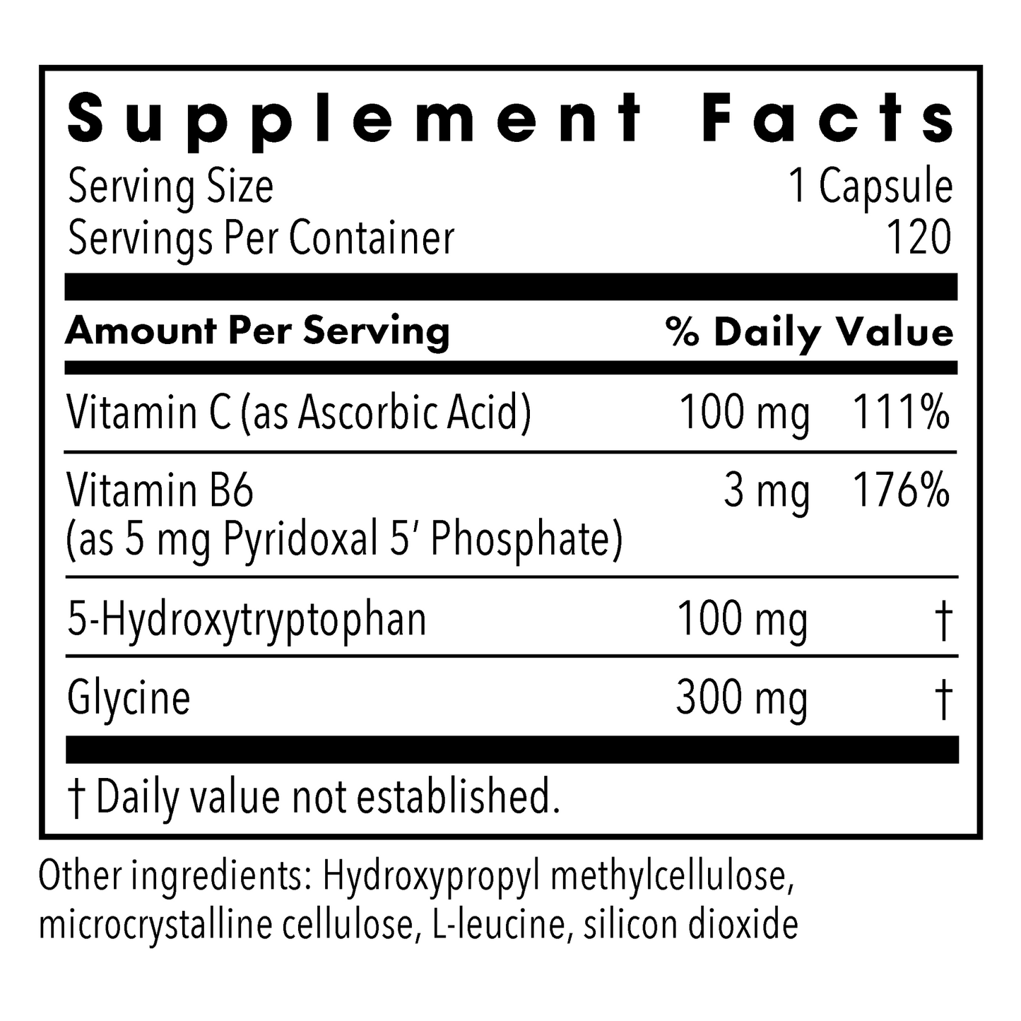 Supplement Facts panel for Metabolic Maintenance 5-HTP 100 mg showing vitamins and ingredients.