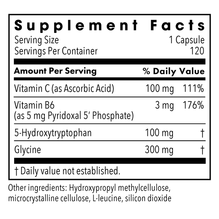 Supplement Facts panel for Metabolic Maintenance 5-HTP 100 mg showing vitamins and ingredients.