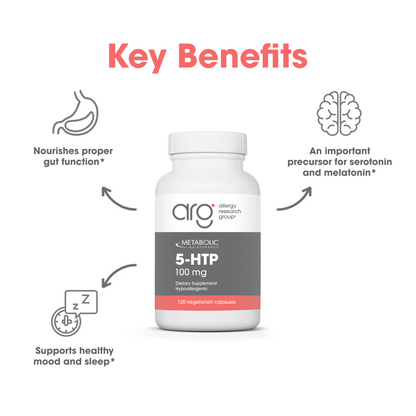 Suggested Use image featuring a Metabolic Maintenance 5-HTP 100 mg bottle and a large suggested use heading.