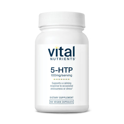 A white bottle of "Vital Nutrients" 5-HTP dietary supplement, containing 60 vegan capsules, labeled for calming support.