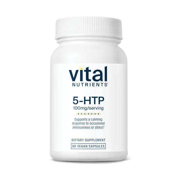 A white bottle of "Vital Nutrients" 5-HTP dietary supplement, containing 60 vegan capsules, labeled for calming support.