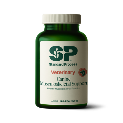A bottle of Canine Musculoskeletal Support, a powder supplement for dogs’ muscles, ligaments and bone health, next to an image of the powder supplement.
