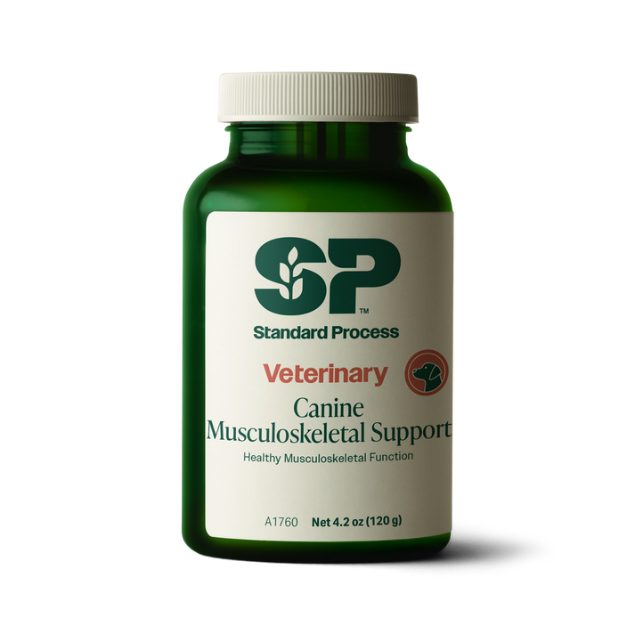 A bottle of Canine Musculoskeletal Support, a powder supplement for dogs’ muscles, ligaments and bone health, next to an image of the powder supplement.