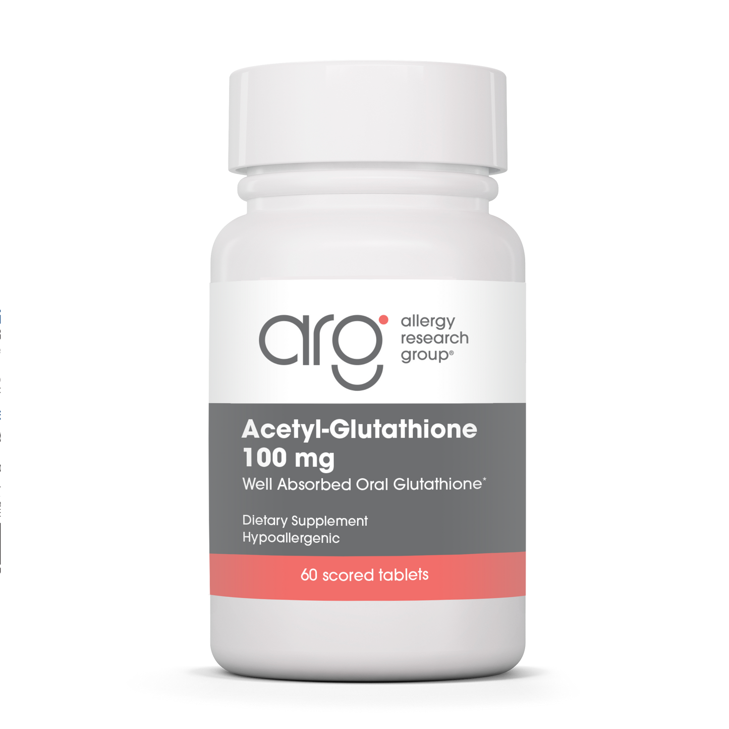 Allergy Research Group Acetyl-Glutathione 100 mg – 60 scored tablets bottle front label