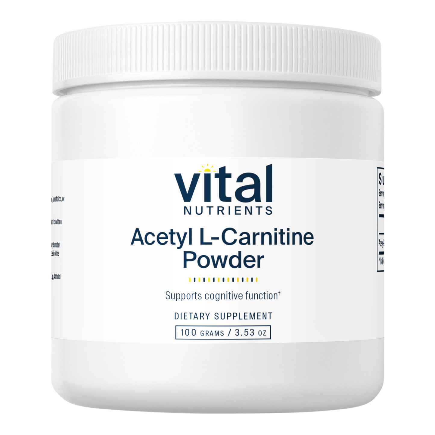 A white container of Acetyl L-Carnitine Powder by Vital Nutrients, labeled as a dietary supplement supporting cognitive function.