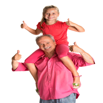 grandfather with granddaughter on shoulders

