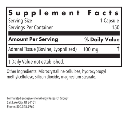Adrenal Tissue bovine lyophilized 100 mg per capsule shown on supplement facts panel.