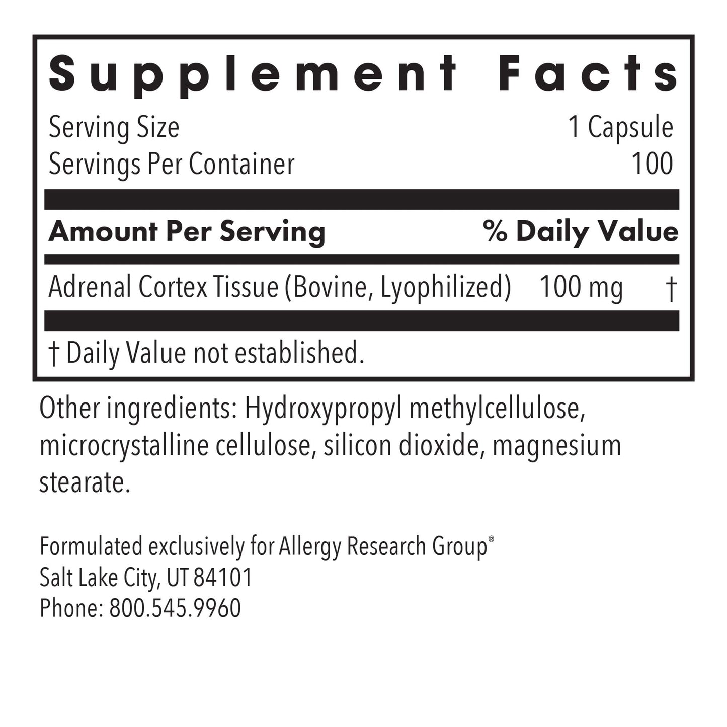 Adrenal Cortex – supplement fact label with Adrenal Cortex Tissue