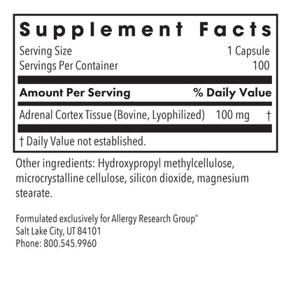 Adrenal Cortex – supplement fact label with Adrenal Cortex Tissue