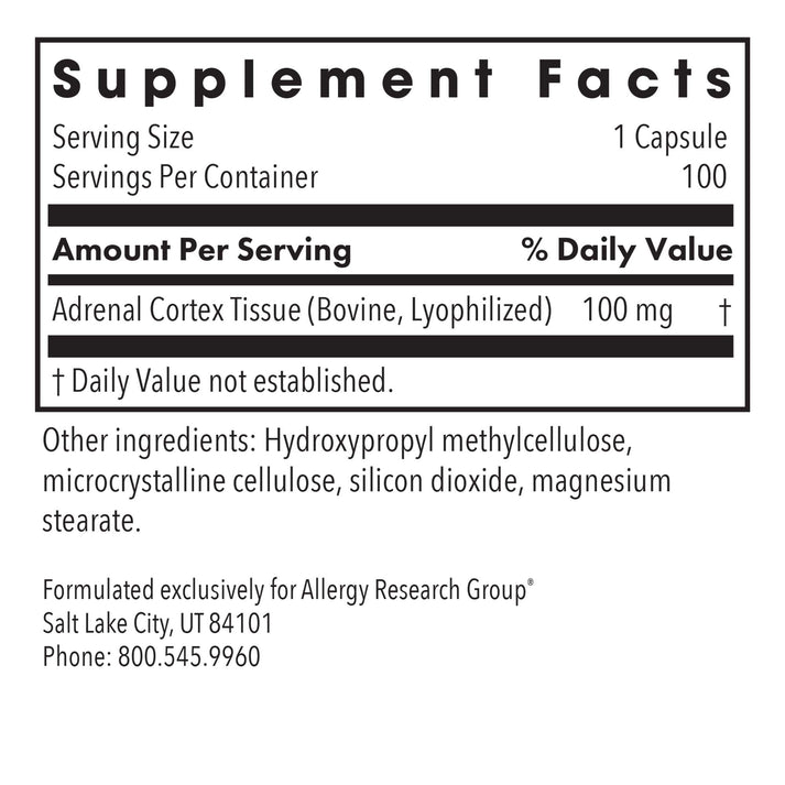 Adrenal Cortex – supplement fact label with Adrenal Cortex Tissue
