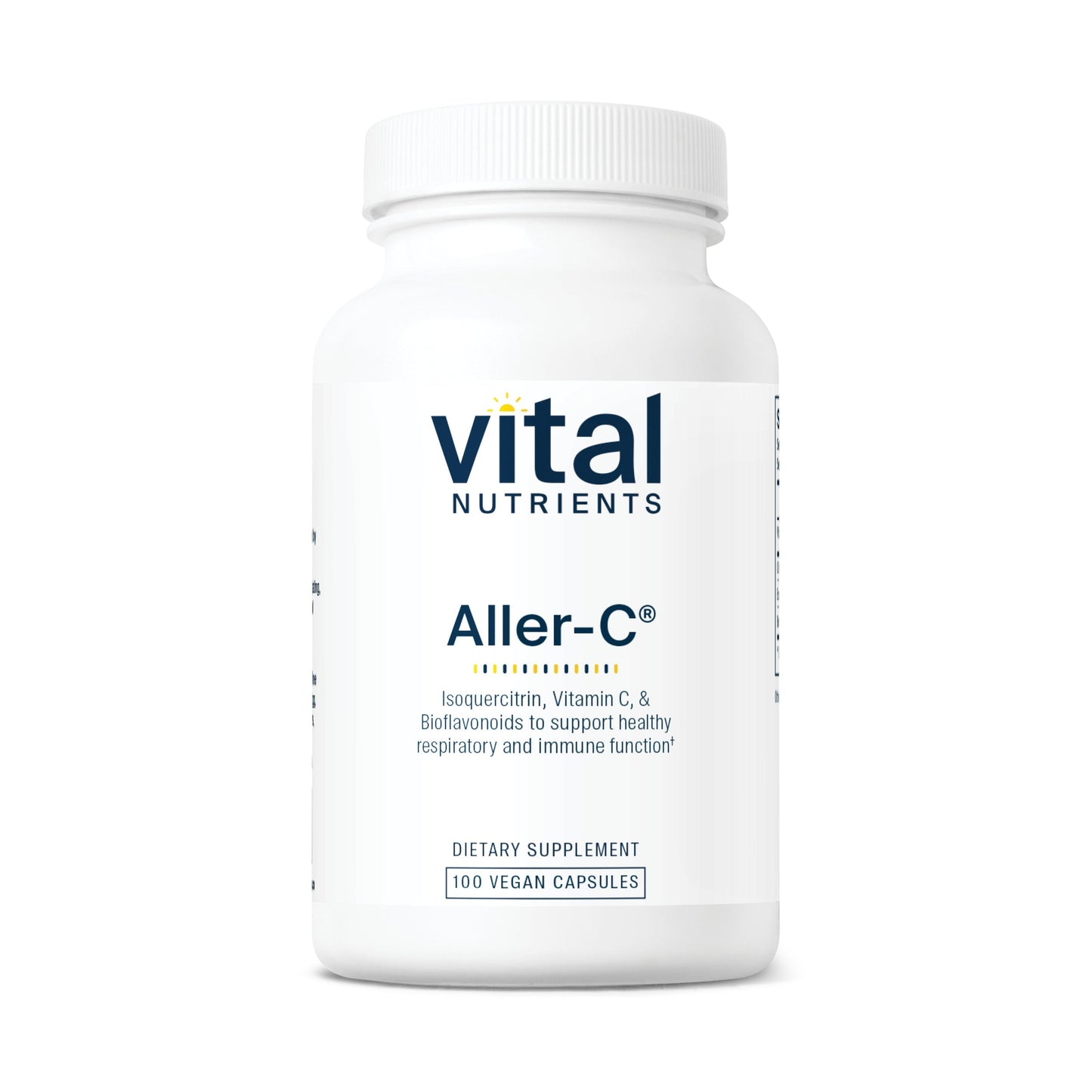 A white bottle of "Vital Nutrients Aller-C" dietary supplement, containing 100 vegan capsules for respiratory and immune support.