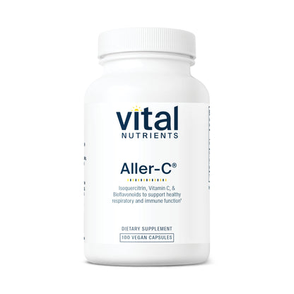 A white bottle of "Vital Nutrients Aller-C" dietary supplement, containing 100 vegan capsules for respiratory and immune support.