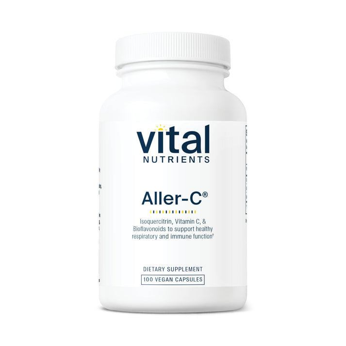 A white bottle of "Vital Nutrients Aller-C" dietary supplement, containing 100 vegan capsules for respiratory and immune support.
