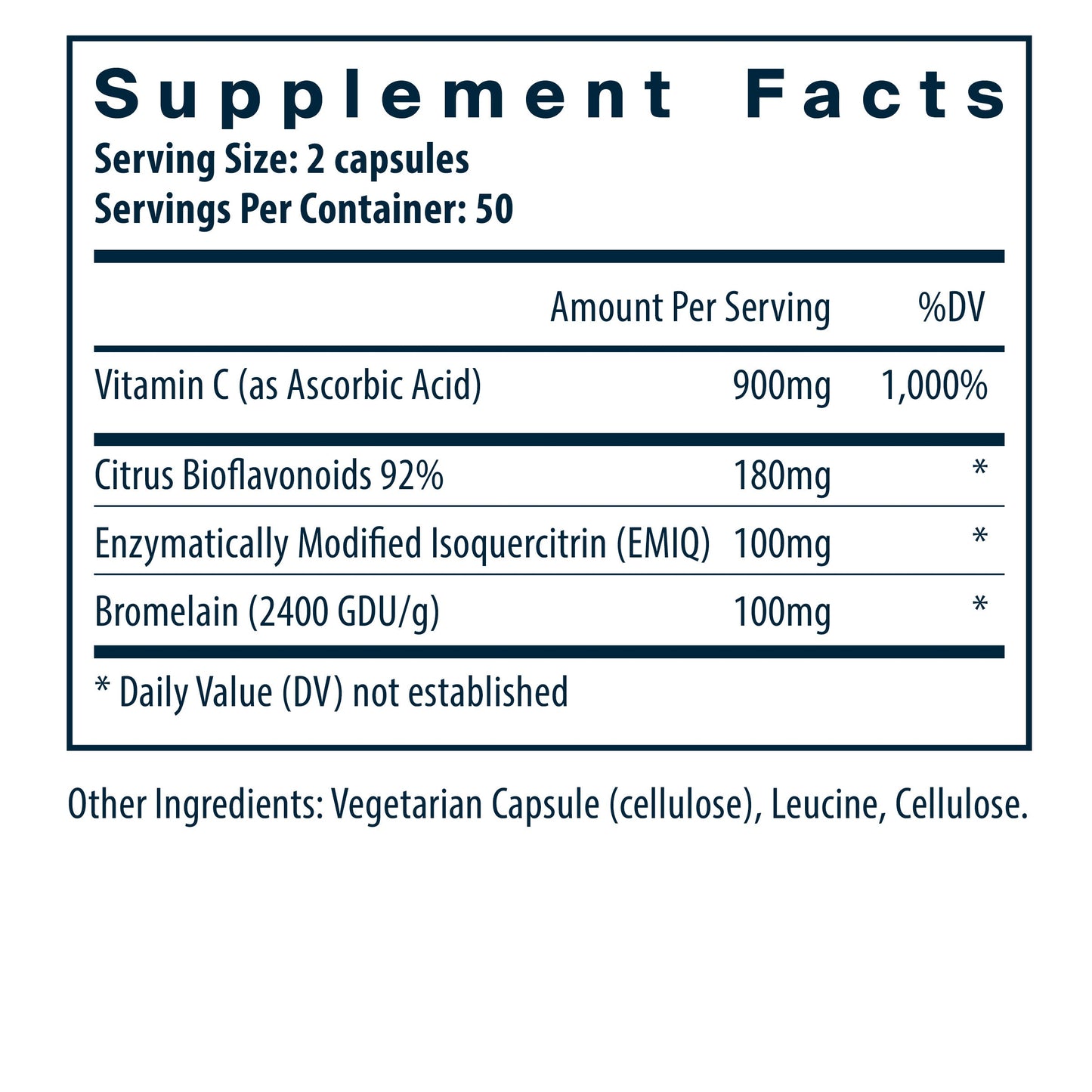 Supplement facts label detailing ingredients and amounts per serving, including Vitamin C, bioflavonoids, and bromelain.