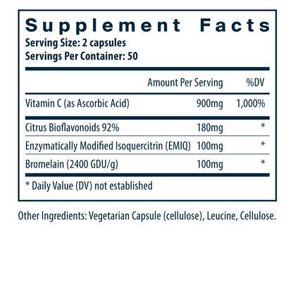 Supplement facts label detailing ingredients and amounts per serving, including Vitamin C, bioflavonoids, and bromelain.
