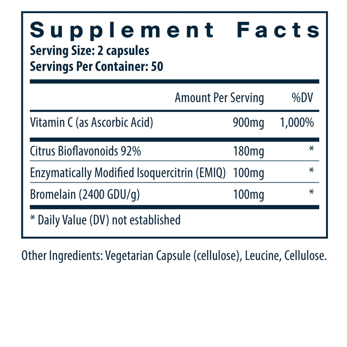 Supplement facts label detailing ingredients and amounts per serving, including Vitamin C, bioflavonoids, and bromelain.