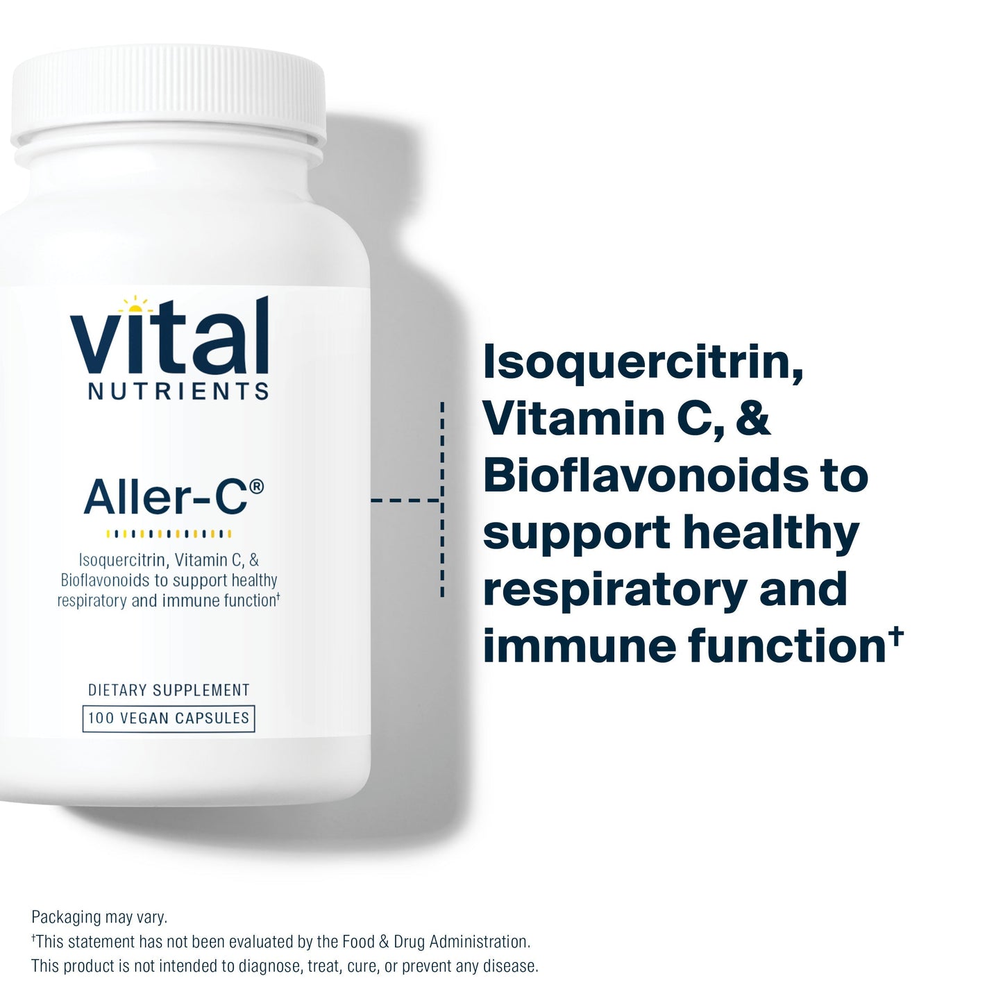 A white bottle labeled "Vital Nutrients Aller-C" containing 100 vegan capsules, promoting respiratory and immune health.