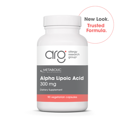 ARG allergy research group Alpha Lipoic Acid 300 mg bottle with New Look Trusted Formula