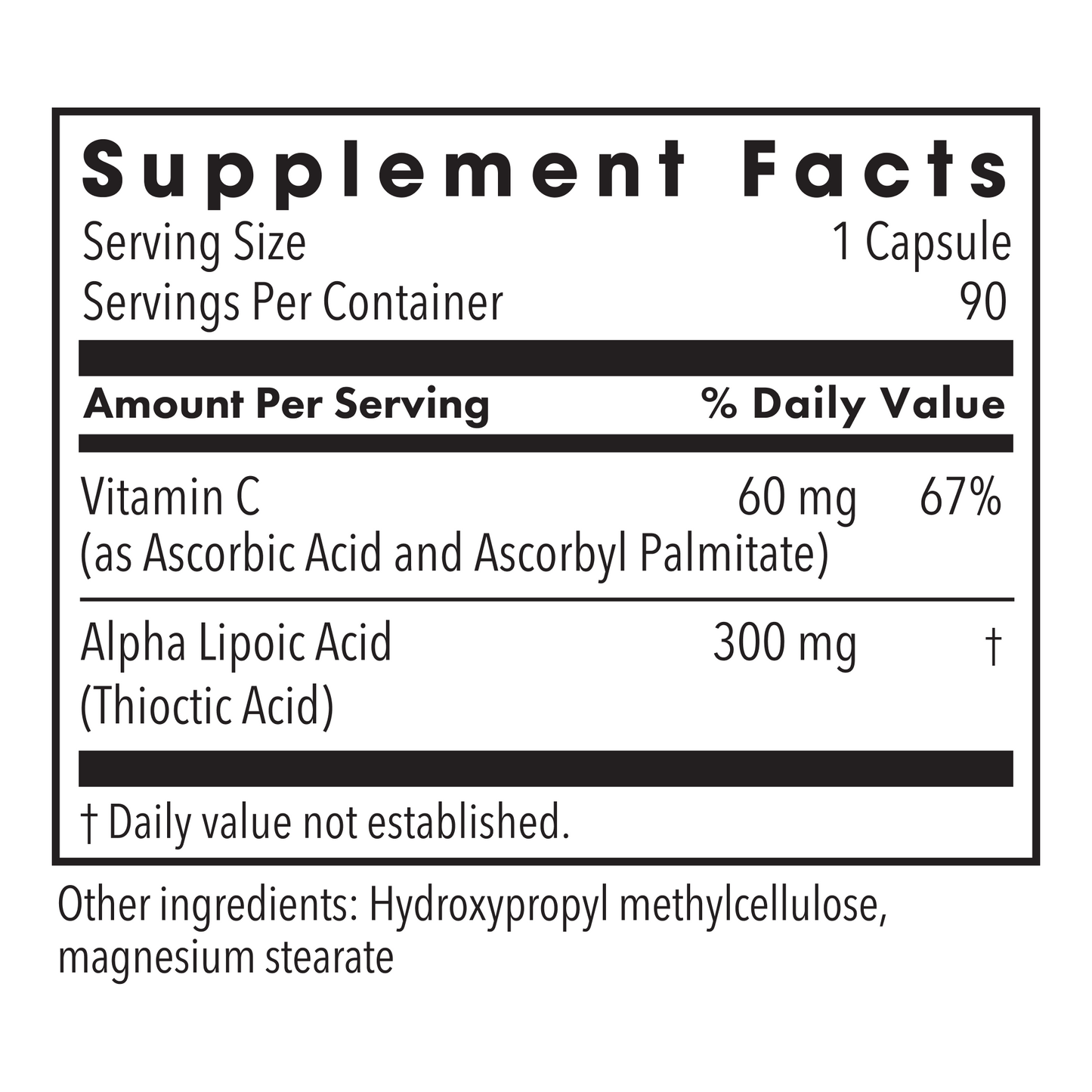 Supplement Facts panel for Alpha Lipoic Acid 300 mg detailing servings per container and ingredients