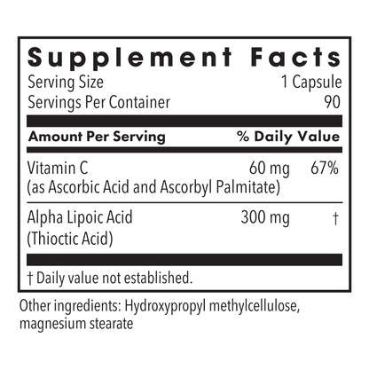 Supplement Facts panel for Alpha Lipoic Acid 300 mg detailing servings per container and ingredients