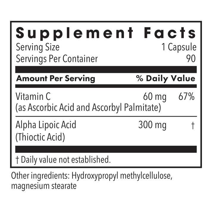 Supplement Facts panel for Alpha Lipoic Acid 300 mg detailing servings per container and ingredients