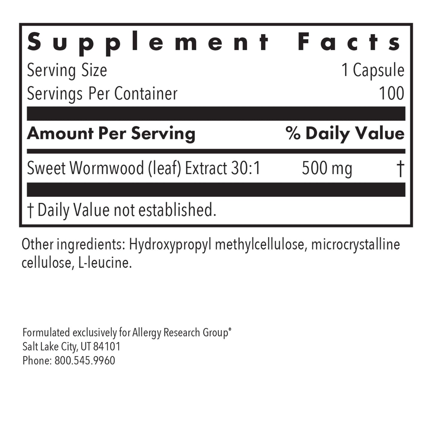 Artemisia – supplement fact label with Sweet Wormwood