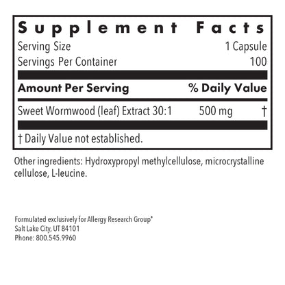 Artemisia – supplement fact label with Sweet Wormwood