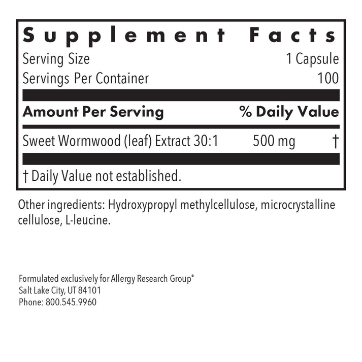 Artemisia – supplement fact label with Sweet Wormwood