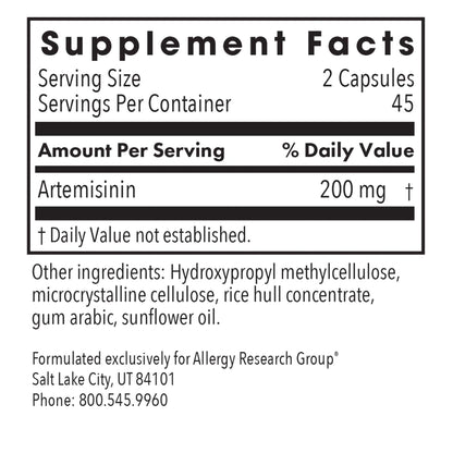 Artemisinin - supplement fact label with Artemisinin