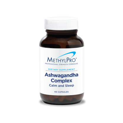 MethylPro Ashwagandha Complex Calm and Sleep bottle, 60 capsules with ashwagandha, L-theanine, and magnesium for stress and sleep support