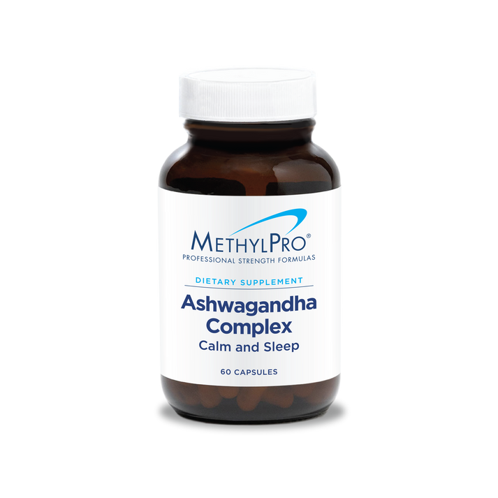 MethylPro Ashwagandha Complex Calm and Sleep bottle, 60 capsules with ashwagandha, L-theanine, and magnesium for stress and sleep support