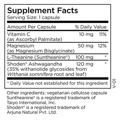 Supplement Facts panel for MethylPro Ashwagandha Complex showing ashwagandha, L-theanine, magnesium, serving size, and calm and sleep support details