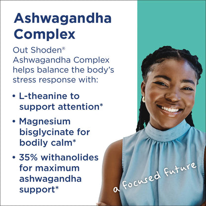 Ashwagandha Complex lifestyle graphic highlighting Out Shoden, L-theanine, magnesium bisglycinate, and 35 percent withanolides for stress support
