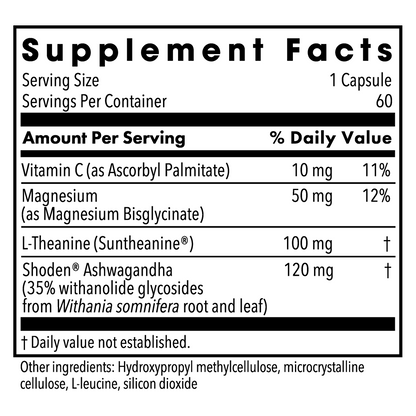 Supplement Facts panel for Ashwagandha Plus showing serving size per capsule and list of ingredients