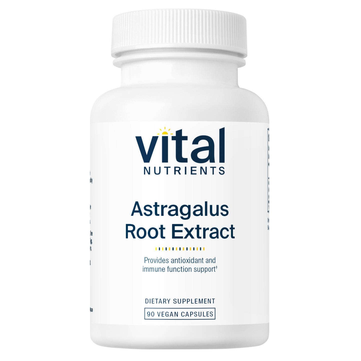 A white bottle of dietary supplement labeled "Vital Nutrients Astragalus Root Extract," containing 90 vegan capsules.