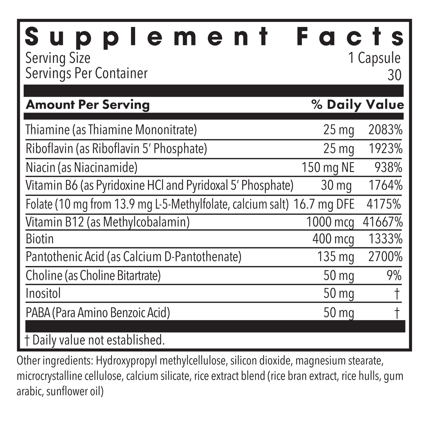 Supplement Facts panel for MethylPro B-Complex listing B vitamins and folate