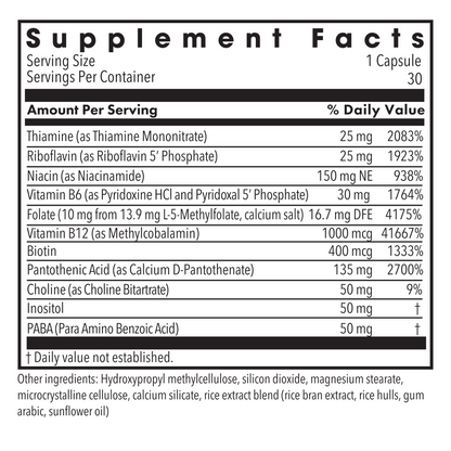Supplement Facts panel for MethylPro B-Complex listing B vitamins and folate