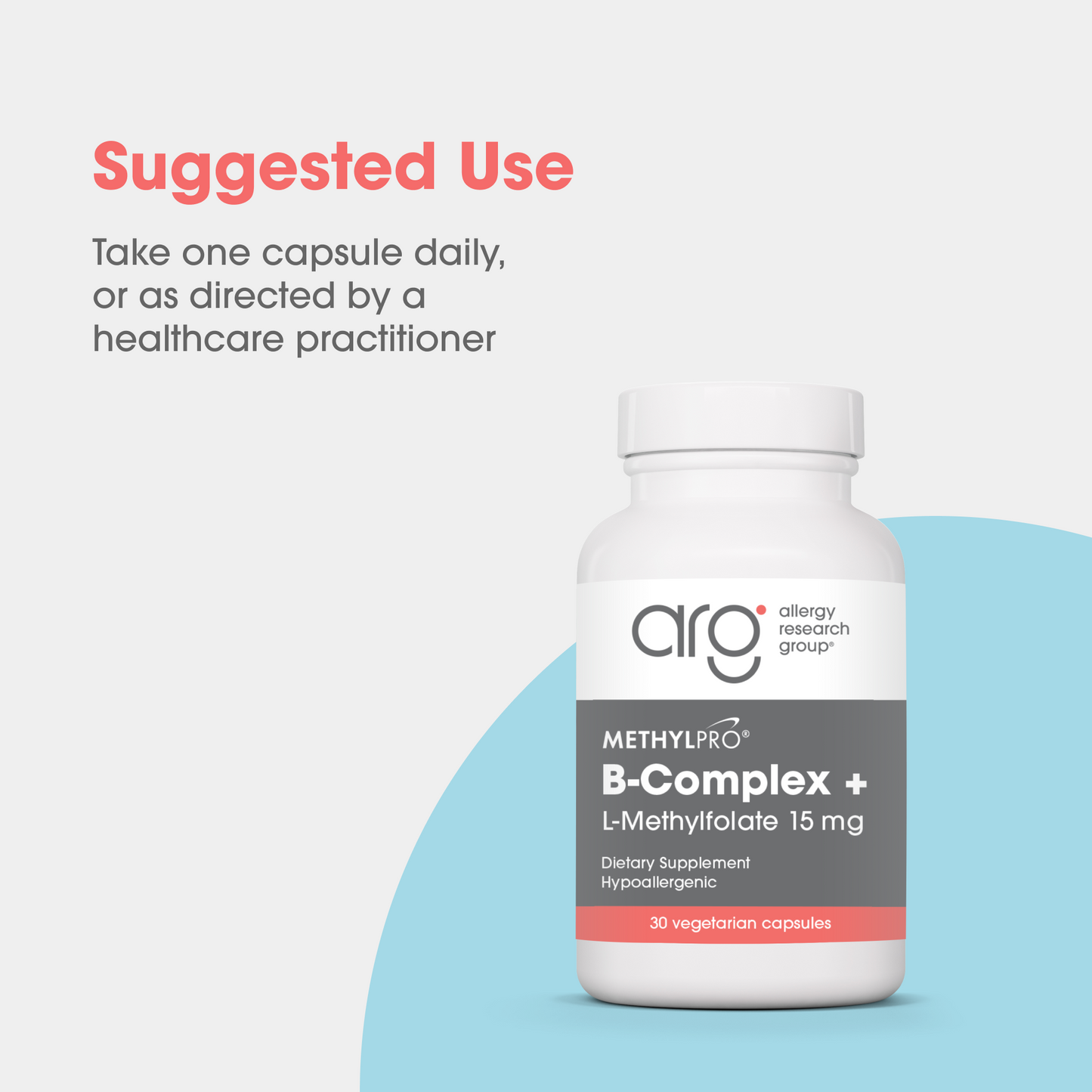 MethylPro B-Complex plus L-Methylfolate dietary supplement bottle with white cap and gray label.