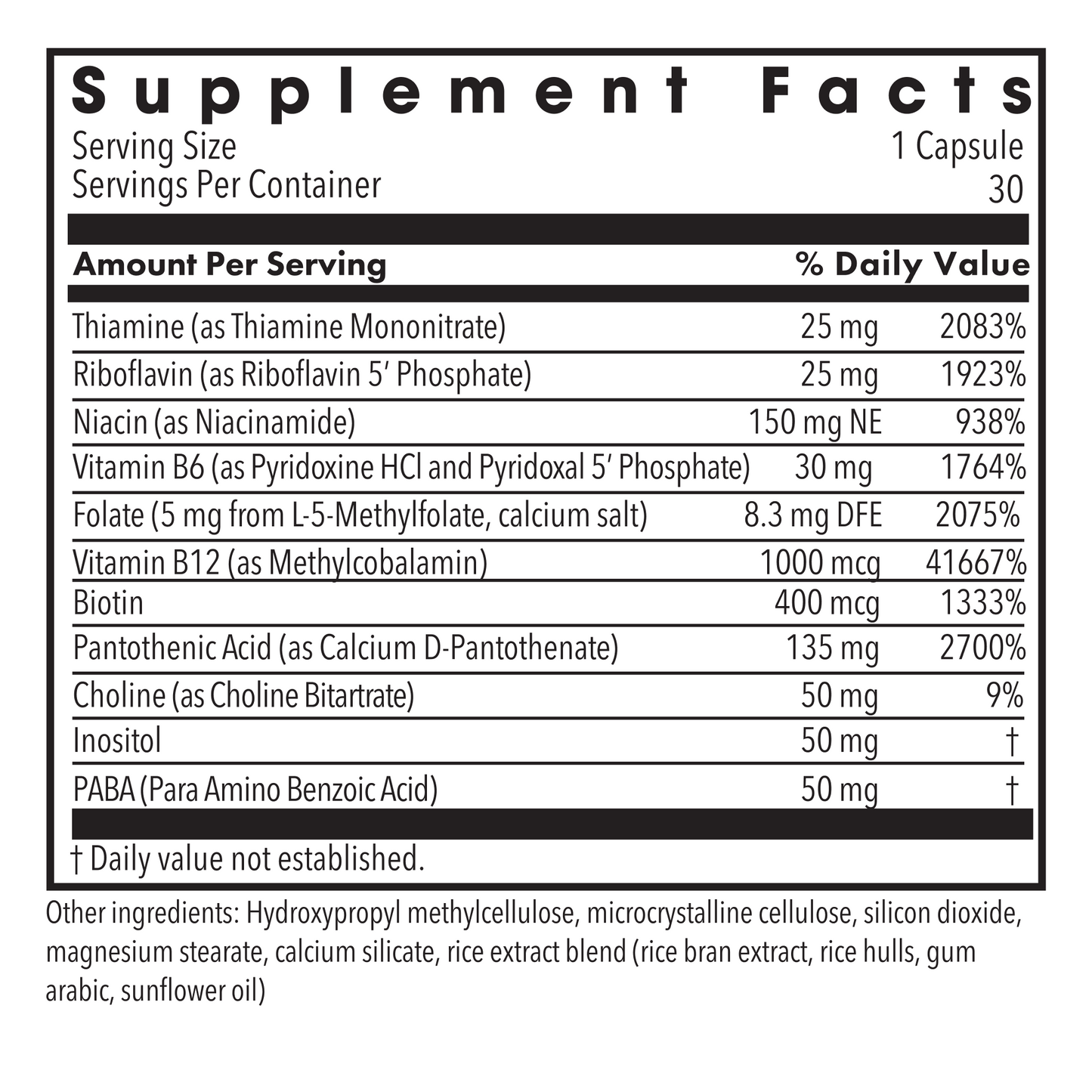 Supplement Facts panel listing thiamine riboflavin niacin folate vitamin B6 and vitamin B12 for the MethylPro B-Complex.